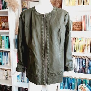 Denim & Co Olive Faux Leather Jacket Embroidered